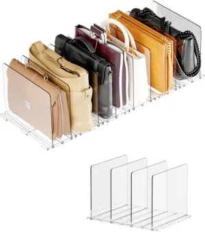 Adjustable Acrylic Purse Organizer for Closet - Handbag Storage Shelf with Dividers, Clear Multi-Use for Purses, Bags, Office/Kitchen for Women (Regular Base 4 partitions 1set, Rectangle)
