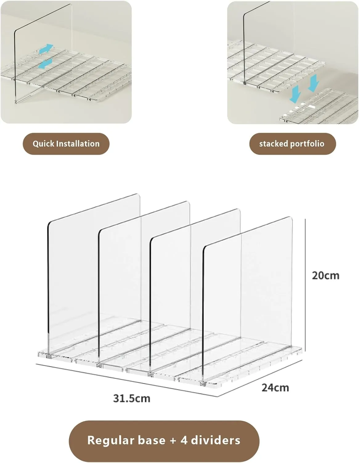 Adjustable Acrylic Purse Organizer for Closet - Handbag Storage Shelf with Dividers, Clear Multi-Use for Purses, Bags, Office/Kitchen for Women (Regular Base 4 partitions 1set, Rectangle)