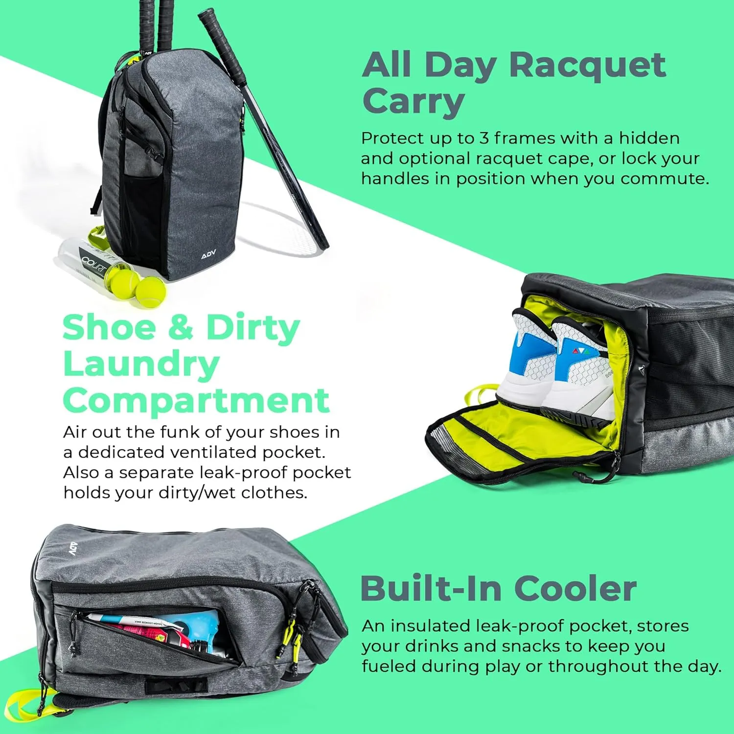 ADV Tennis Backpack V2 and Pickleball Backpack V2 - Tennis Bag and Pickleball Bag, Modern & Functional Design, Cooler, Shoe Compartment, and Unmatched Organization for Men and Women