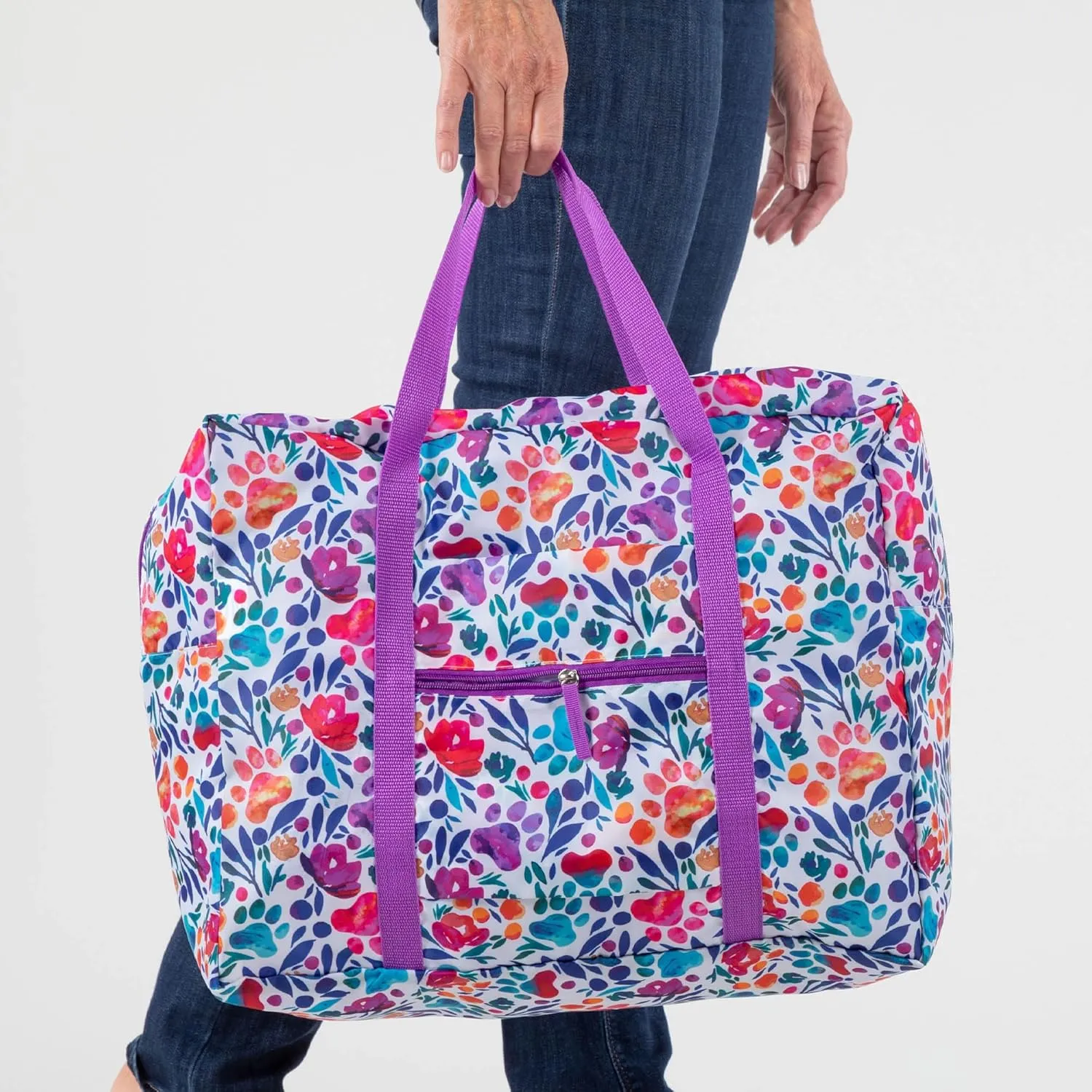 Adventure Awaits Packable Large Duffel Bag Lightweight Colorful Foldable Travel Bag Zipper Pockets for Animal Lovers (Jewel Tone Paws)