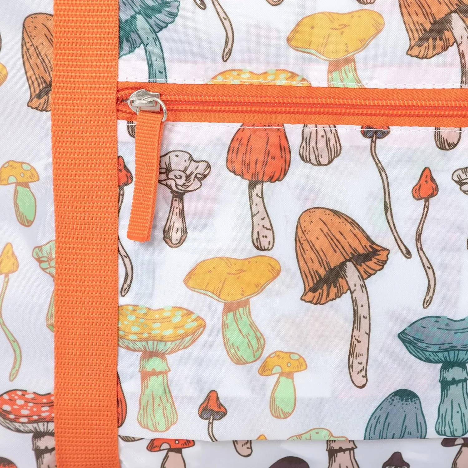 Adventure Awaits Packable Large Duffel Bag Lightweight Colorful Foldable Travel Bag Zipper Pockets for Animal Lovers (Mushroom Merriment)