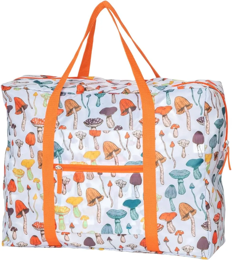 Adventure Awaits Packable Large Duffel Bag Lightweight Colorful Foldable Travel Bag Zipper Pockets for Animal Lovers (Mushroom Merriment)