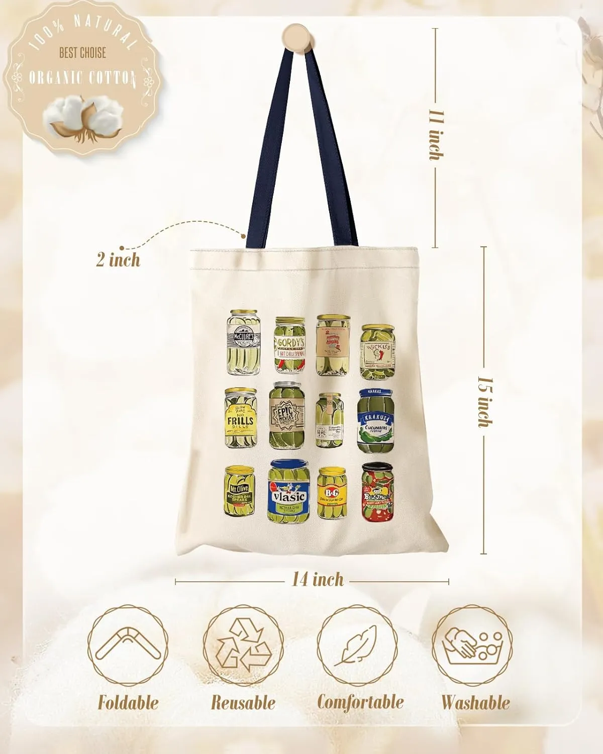 Aesthetic Canvas Tote Bag with Inner Pocket for Women, Cloth Cotton Totes Bag with Pattern for Shopping, Gym