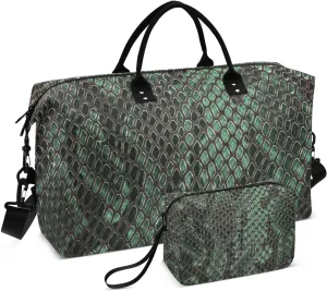 Aflyko Animal Print Travel Duffel Bag Green Snakeskin Sport Tote Gym Bag Weekender Overnight Bag for Men Women Flight Approved Carry On Bag Fitness Dance Go-To Bag Daily Bag