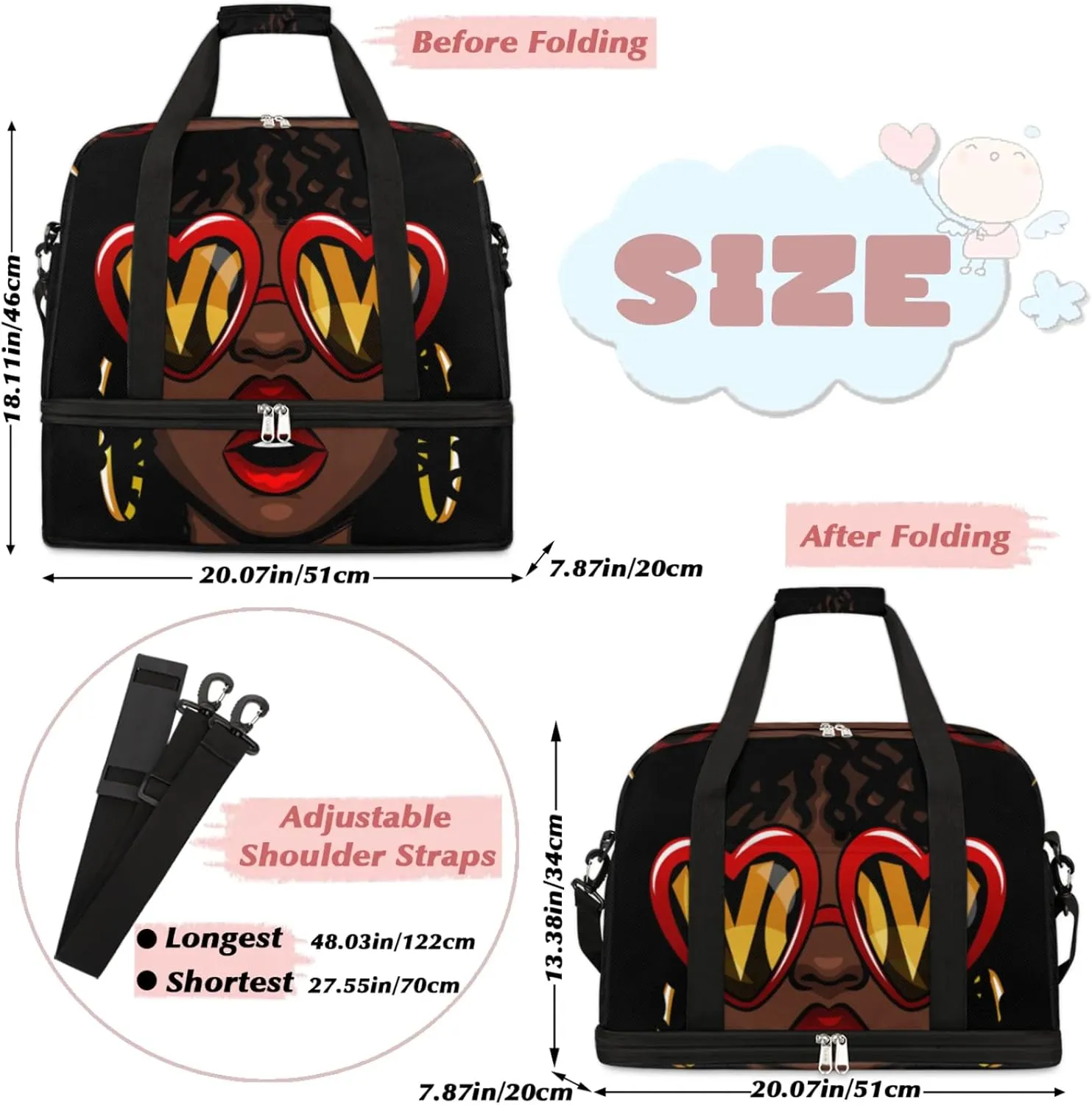 African American Women Foldable Travel Duffel Bag, Expandable Sports Gym Bag with Shoes Compartment Weekender Overnight Totes Bags for Women Men