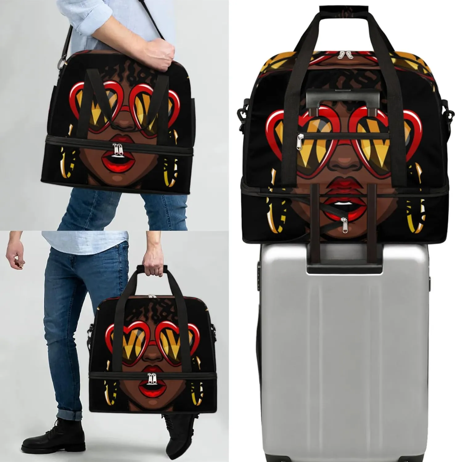 African American Women Foldable Travel Duffel Bag, Expandable Sports Gym Bag with Shoes Compartment Weekender Overnight Totes Bags for Women Men