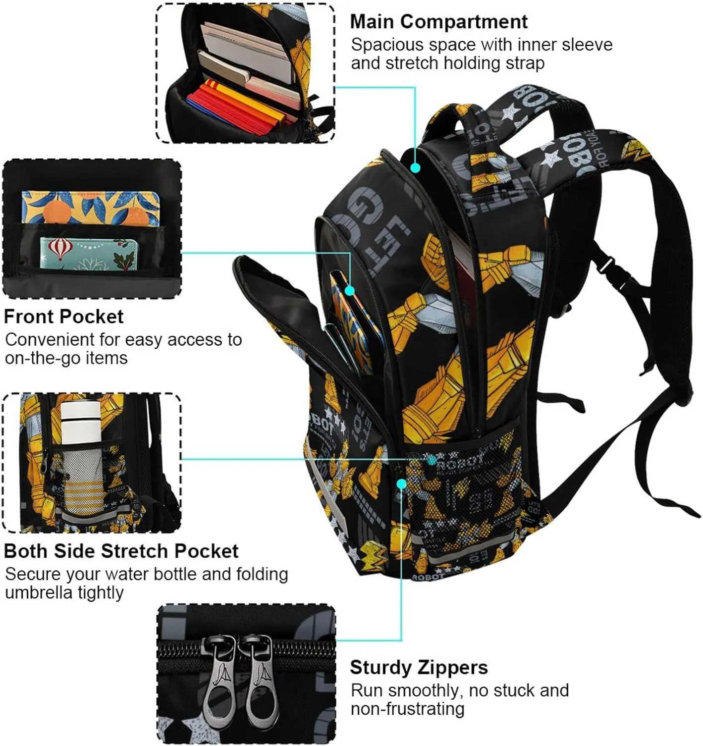 ALAZA Catoon Robots Backpack Girls Kids Backpacks Boys School Bookbag 3rd 4th 5th Grade Casual Daypack Laptop Shoulder Bag with Chest Strap