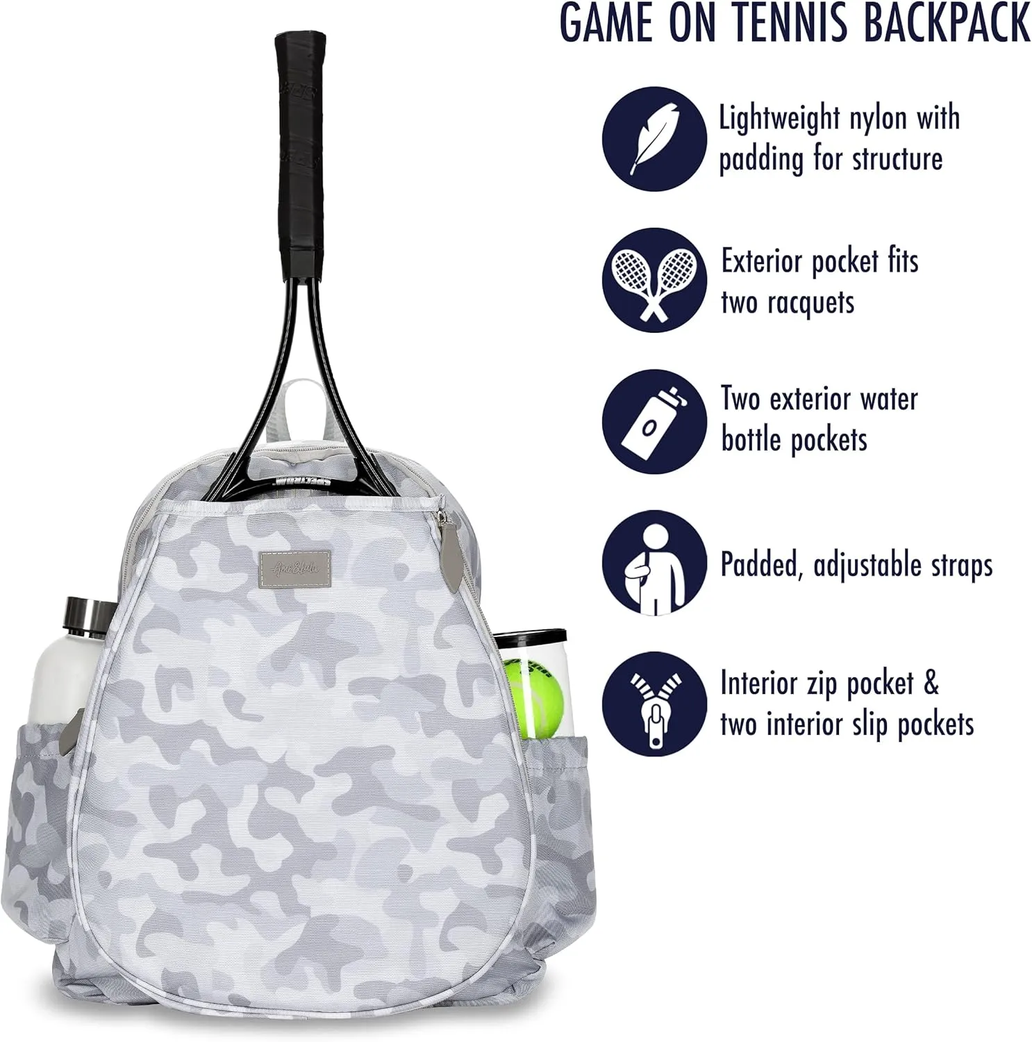 Ame & Lulu Game On Tennis Backpack - Contains Padded & Adjustable Straps - Two Exterior Water Bottle Pockets