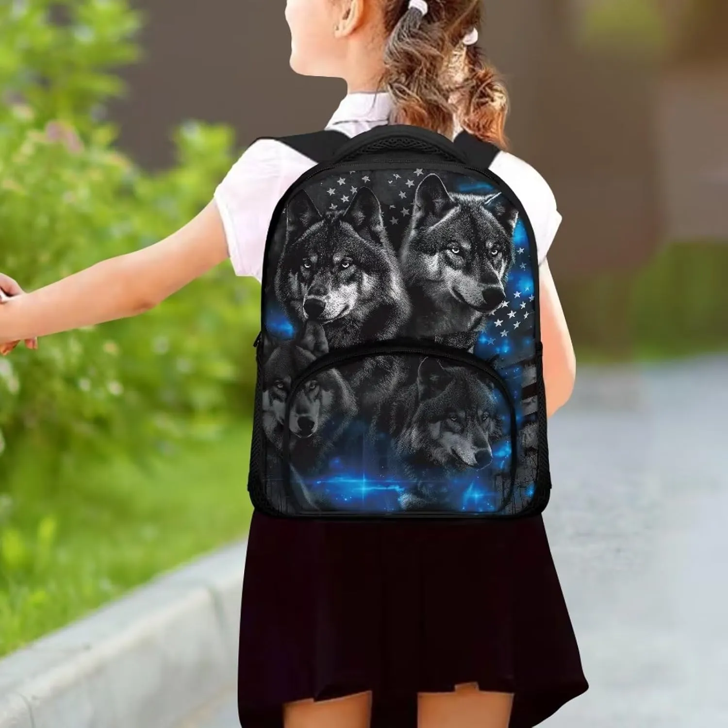 American Flag Wolf Backpack Kids School Bookbags, Patriotic Travel Large Capacity Elementary Primary School Daypack, 12 inch Daycare Kindergarten Shoulder Bag, 4th of July