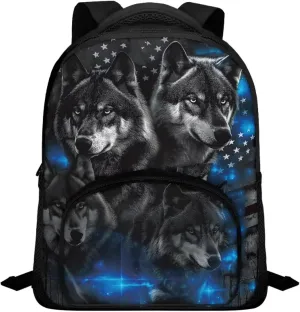 American Flag Wolf Backpack Kids School Bookbags, Patriotic Travel Large Capacity Elementary Primary School Daypack, 12 inch Daycare Kindergarten Shoulder Bag, 4th of July
