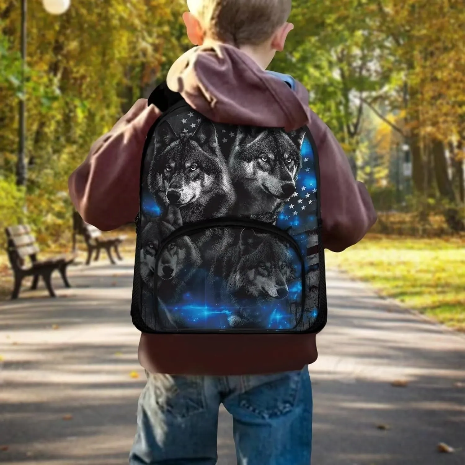 American Flag Wolf Backpack Kids School Bookbags, Patriotic Travel Large Capacity Elementary Primary School Daypack, 12 inch Daycare Kindergarten Shoulder Bag, 4th of July