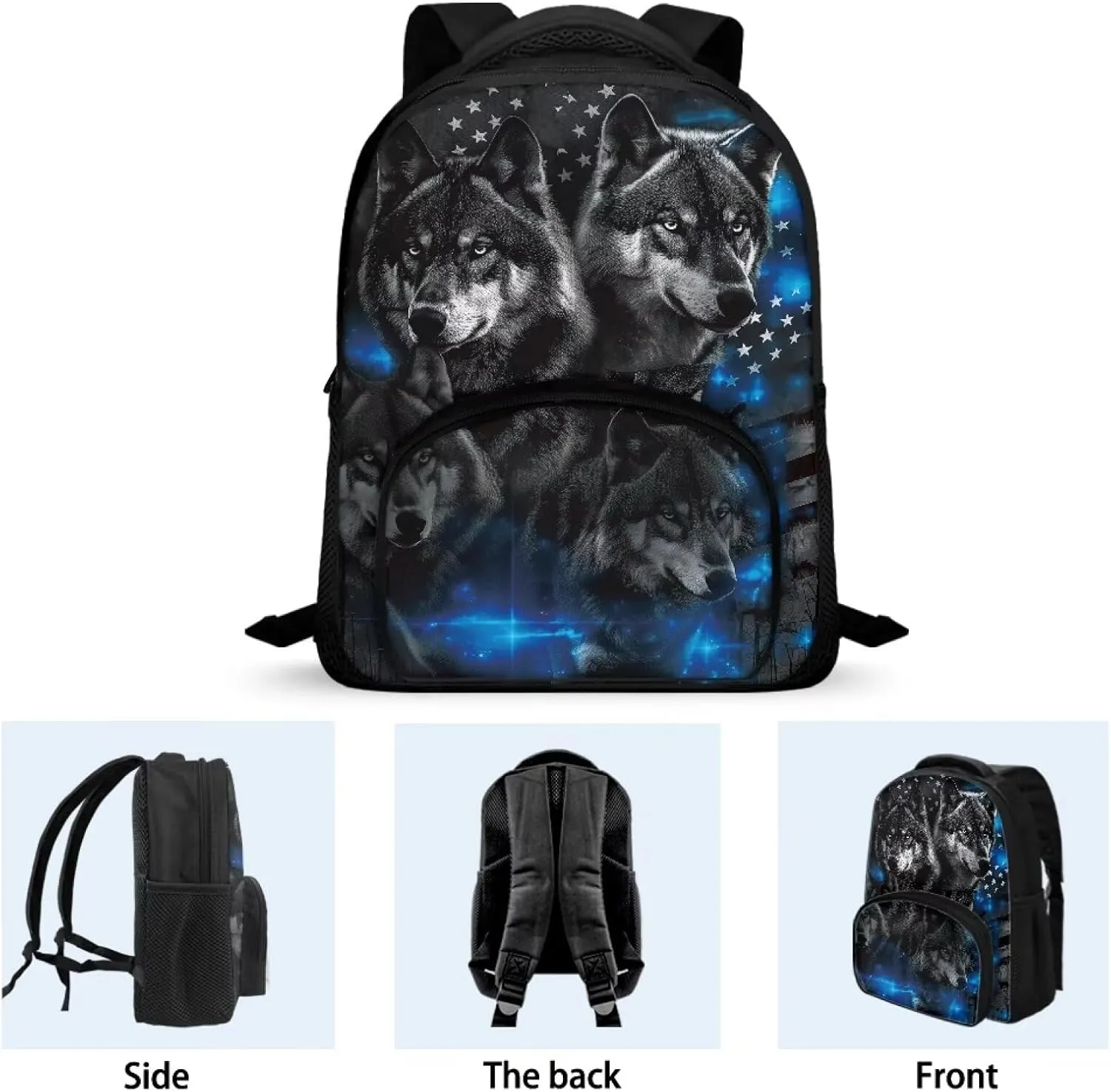 American Flag Wolf Backpack Kids School Bookbags, Patriotic Travel Large Capacity Elementary Primary School Daypack, 12 inch Daycare Kindergarten Shoulder Bag, 4th of July