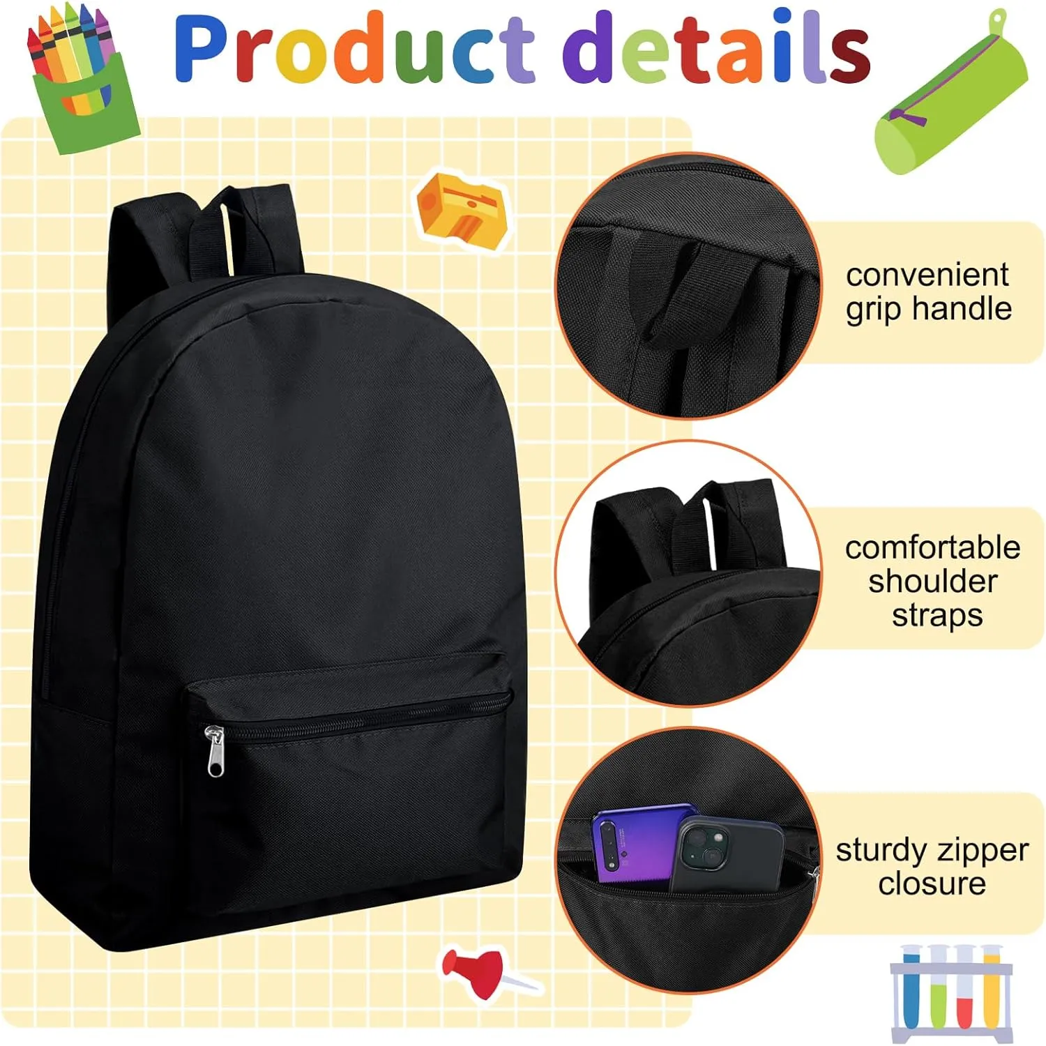 Amylove 12 Pack Backpack in Bulk 17 inch Lightweight Outdoor Travel Bag Classic Bookbags Bulk for Elementary Middle High(Black,Classic)
