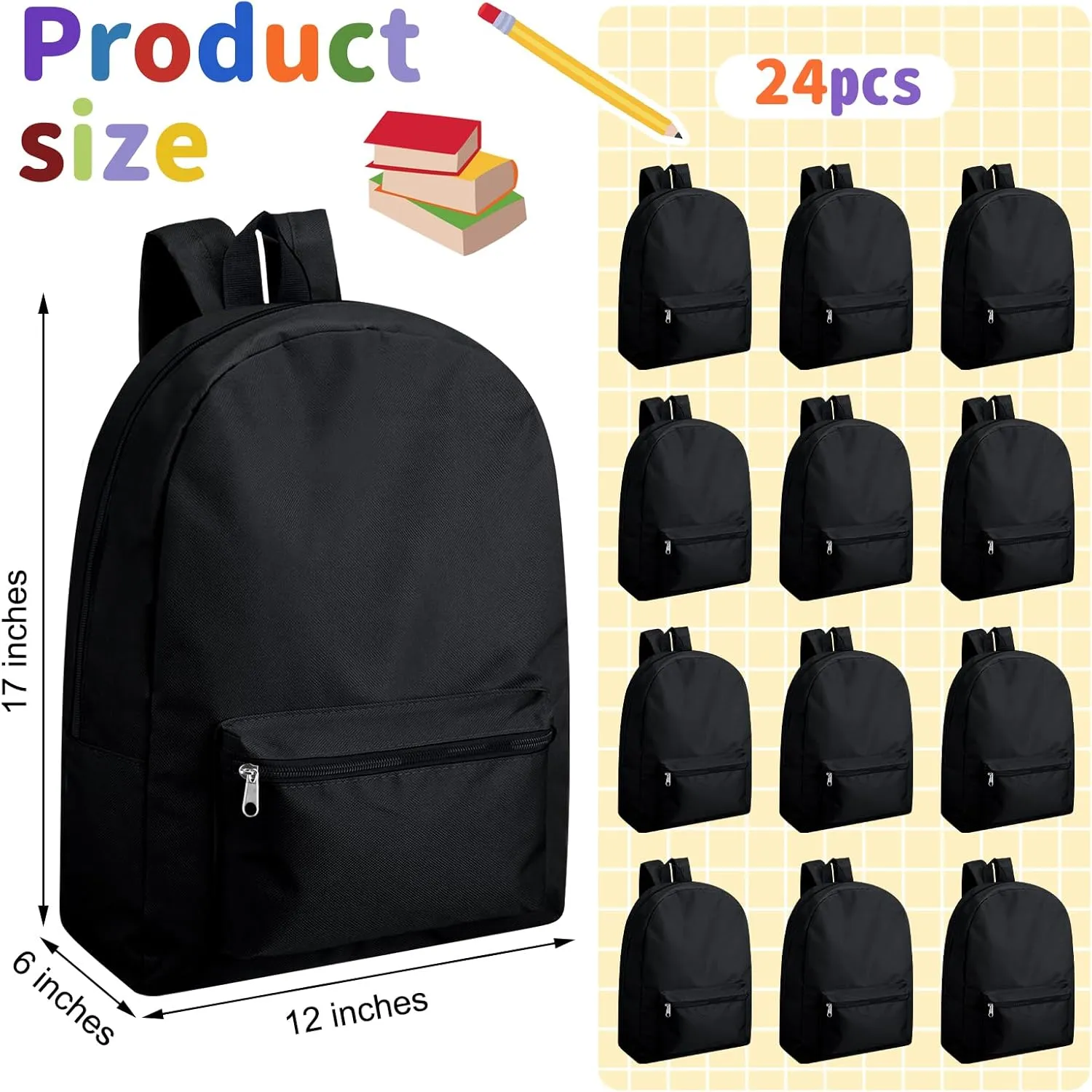 Amylove 12 Pack Backpack in Bulk 17 inch Lightweight Outdoor Travel Bag Classic Bookbags Bulk for Elementary Middle High(Black,Classic)