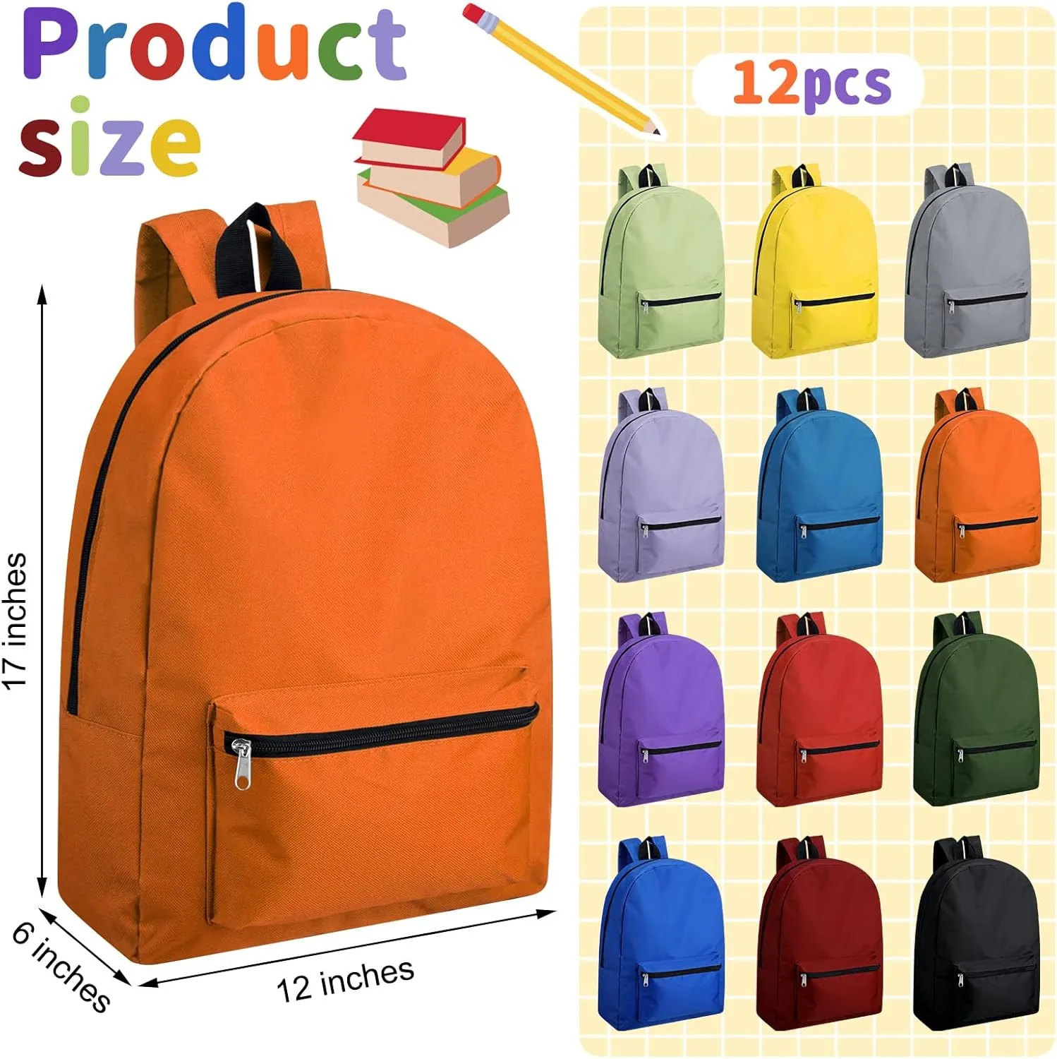 Amylove 12 Pack Backpack in Bulk 17 inch Lightweight Outdoor Travel Bag Classic Bookbags Bulk for Elementary Middle High(Mixed Colors,Cute)