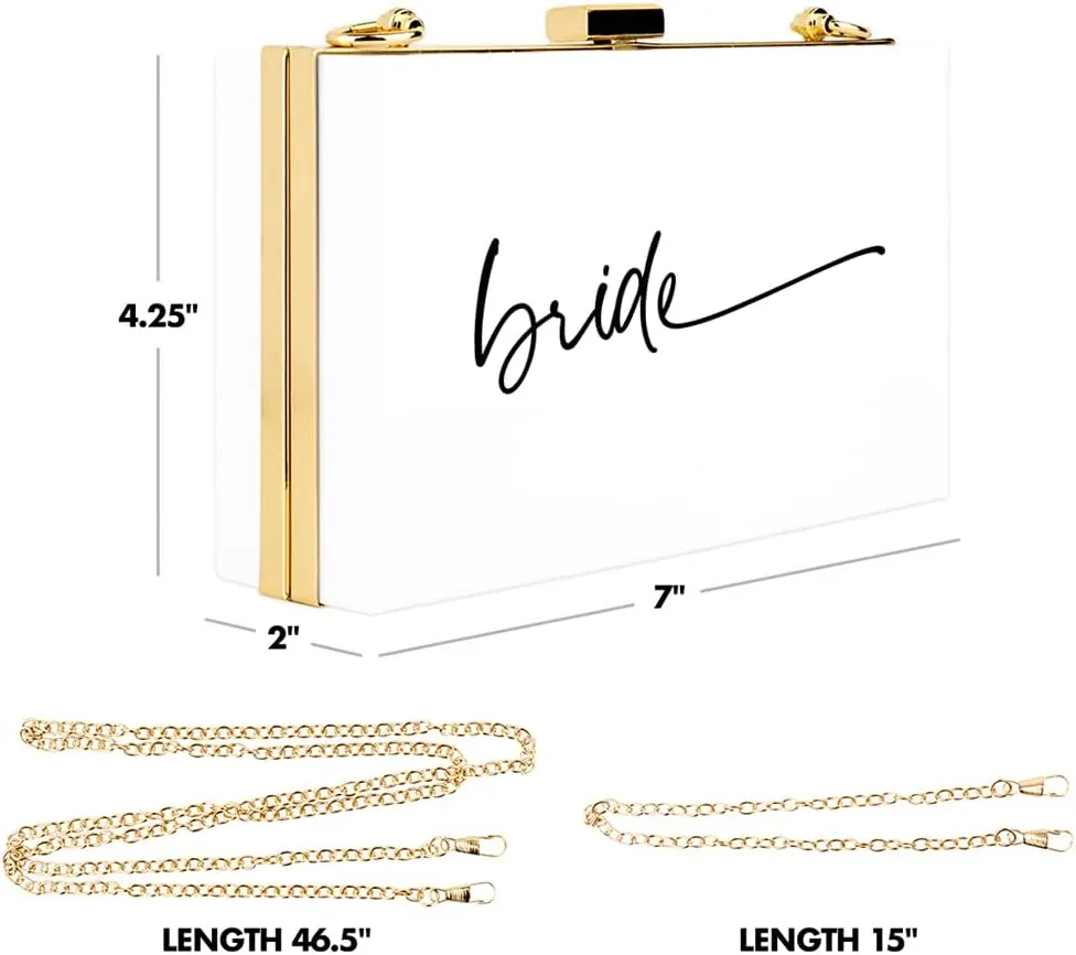 Andaz Press Acrylic Clutch Purse for Bride, Bride to Be, White Clutch Box Shoulder Handbag with Gold Removable Metal Chain for Wedding Day Bachelorette Party, Bridal Shower, Engagement Gift, 1-Pack