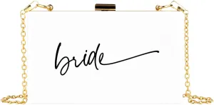 Andaz Press Acrylic Clutch Purse for Bride, Bride to Be, White Clutch Box Shoulder Handbag with Gold Removable Metal Chain for Wedding Day Bachelorette Party, Bridal Shower, Engagement Gift, 1-Pack