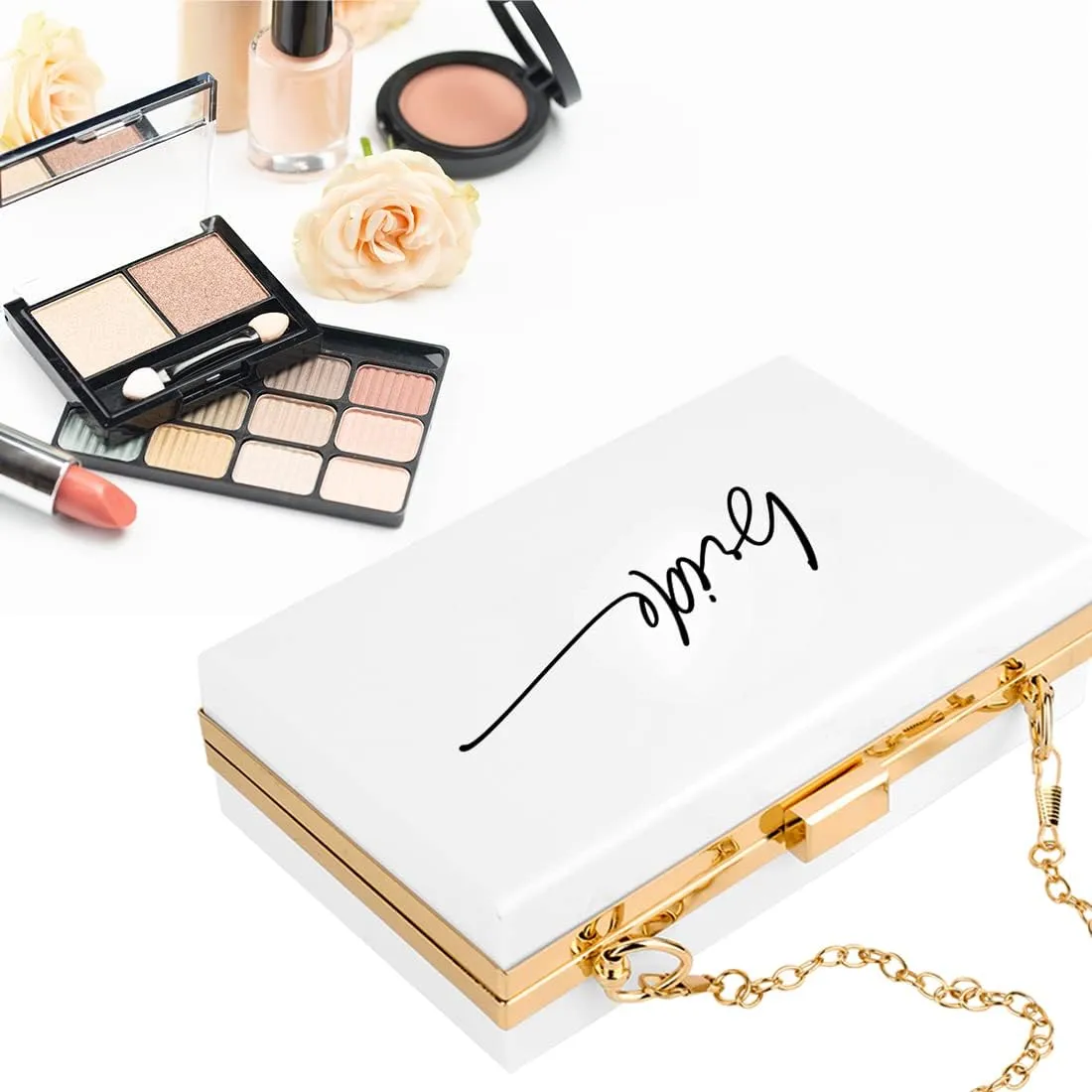 Andaz Press Acrylic Clutch Purse for Bride, Bride to Be, White Clutch Box Shoulder Handbag with Gold Removable Metal Chain for Wedding Day Bachelorette Party, Bridal Shower, Engagement Gift, 1-Pack