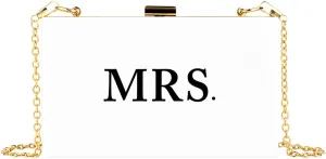 Andaz Press Acrylic Clutch Purse for Bride, Classic Mrs. White Clutch Evening Box Shoulder Handbag with Gold Removable Metal Chain for Wedding Day, Bachelorette, Bridal Shower, Engagement Gift, 1-Pack