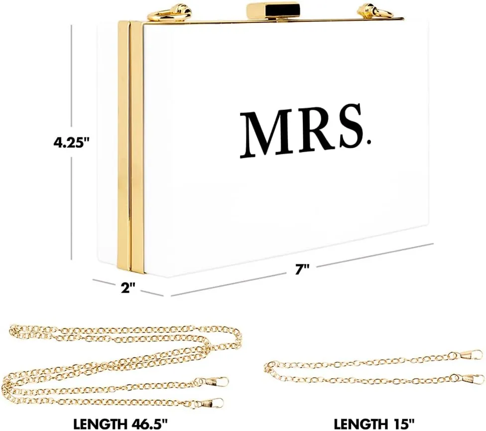 Andaz Press Acrylic Clutch Purse for Bride, Classic Mrs. White Clutch Evening Box Shoulder Handbag with Gold Removable Metal Chain for Wedding Day, Bachelorette, Bridal Shower, Engagement Gift, 1-Pack
