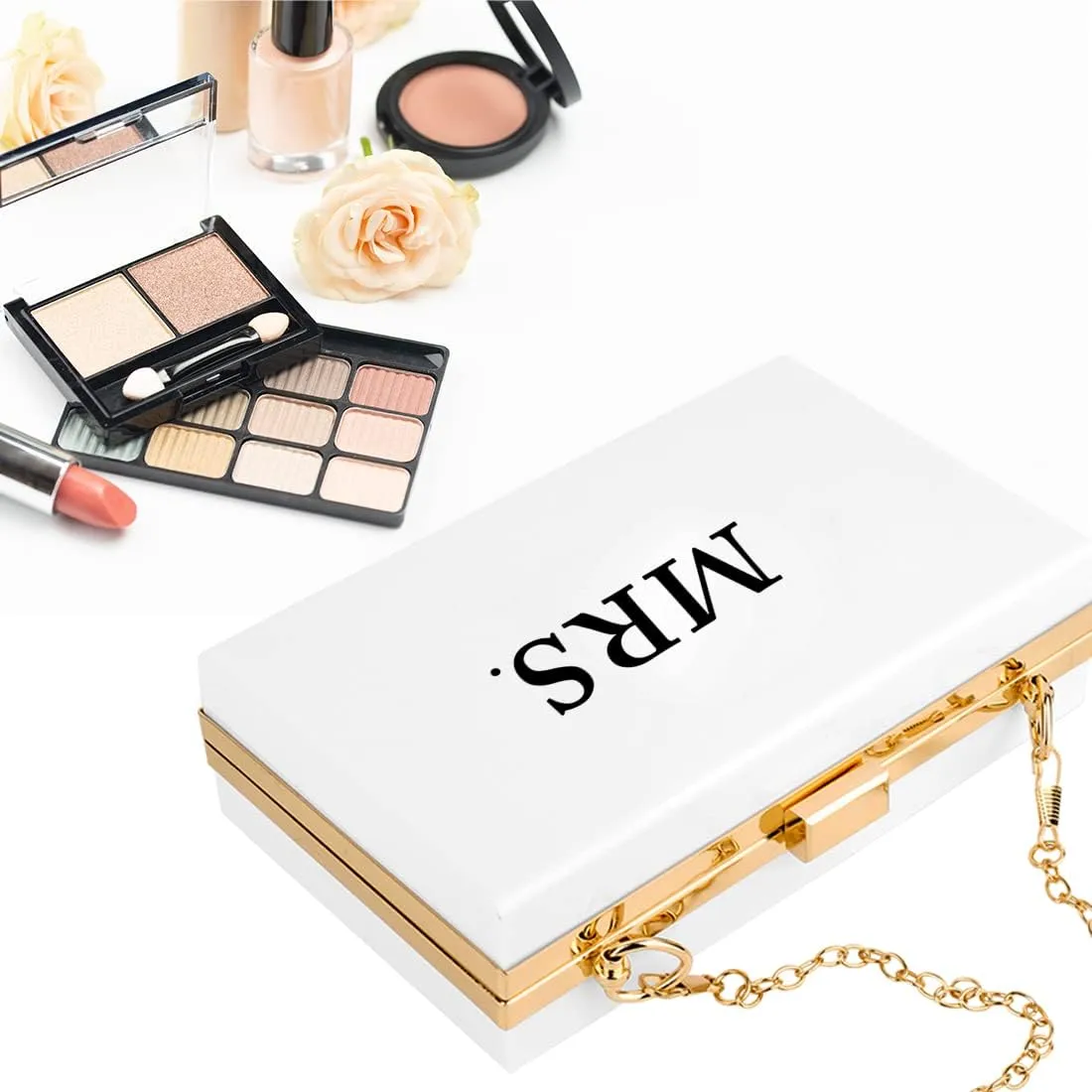 Andaz Press Acrylic Clutch Purse for Bride, Classic Mrs. White Clutch Evening Box Shoulder Handbag with Gold Removable Metal Chain for Wedding Day, Bachelorette, Bridal Shower, Engagement Gift, 1-Pack