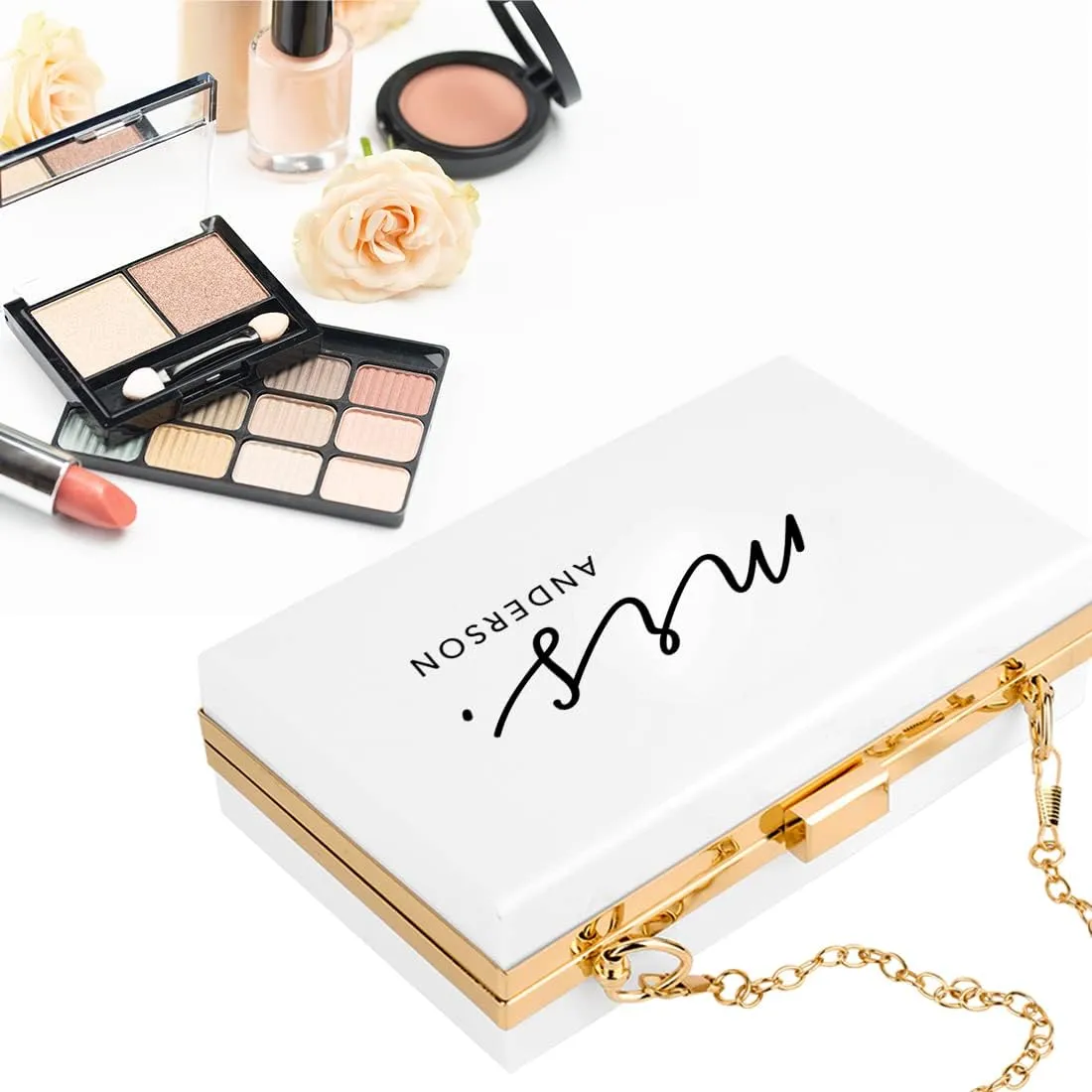 Andaz Press Personalized Acrylic Clutch Purse For Bride, Custom Cursive Mrs. White Clutch Box Shoulder Handbag With Gold Removable Metal Chain For Wedding Day Bachelorette, Bridal Shower Bridal Clutch