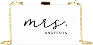 Andaz Press Personalized Acrylic Clutch Purse For Bride, Custom Cursive Mrs. White Clutch Box Shoulder Handbag With Gold Removable Metal Chain For Wedding Day Bachelorette, Bridal Shower Bridal Clutch