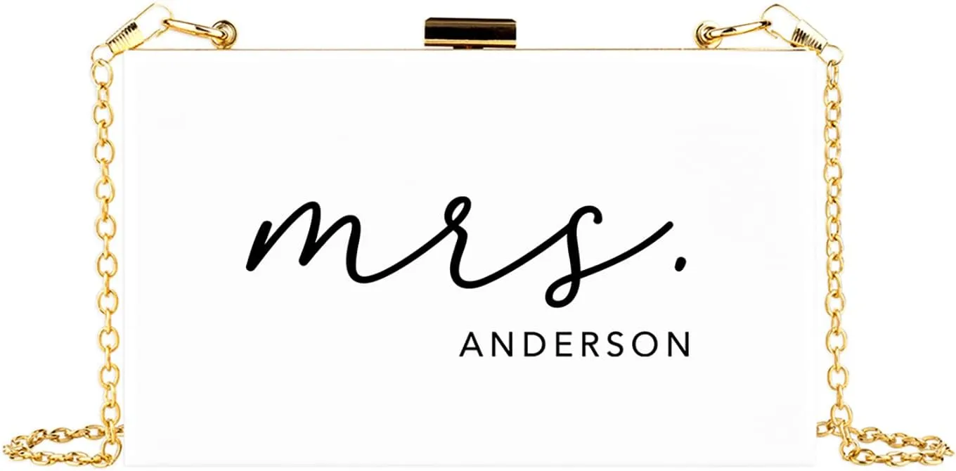 Andaz Press Personalized Acrylic Clutch Purse For Bride, Custom Cursive Mrs. White Clutch Box Shoulder Handbag With Gold Removable Metal Chain For Wedding Day Bachelorette, Bridal Shower Bridal Clutch