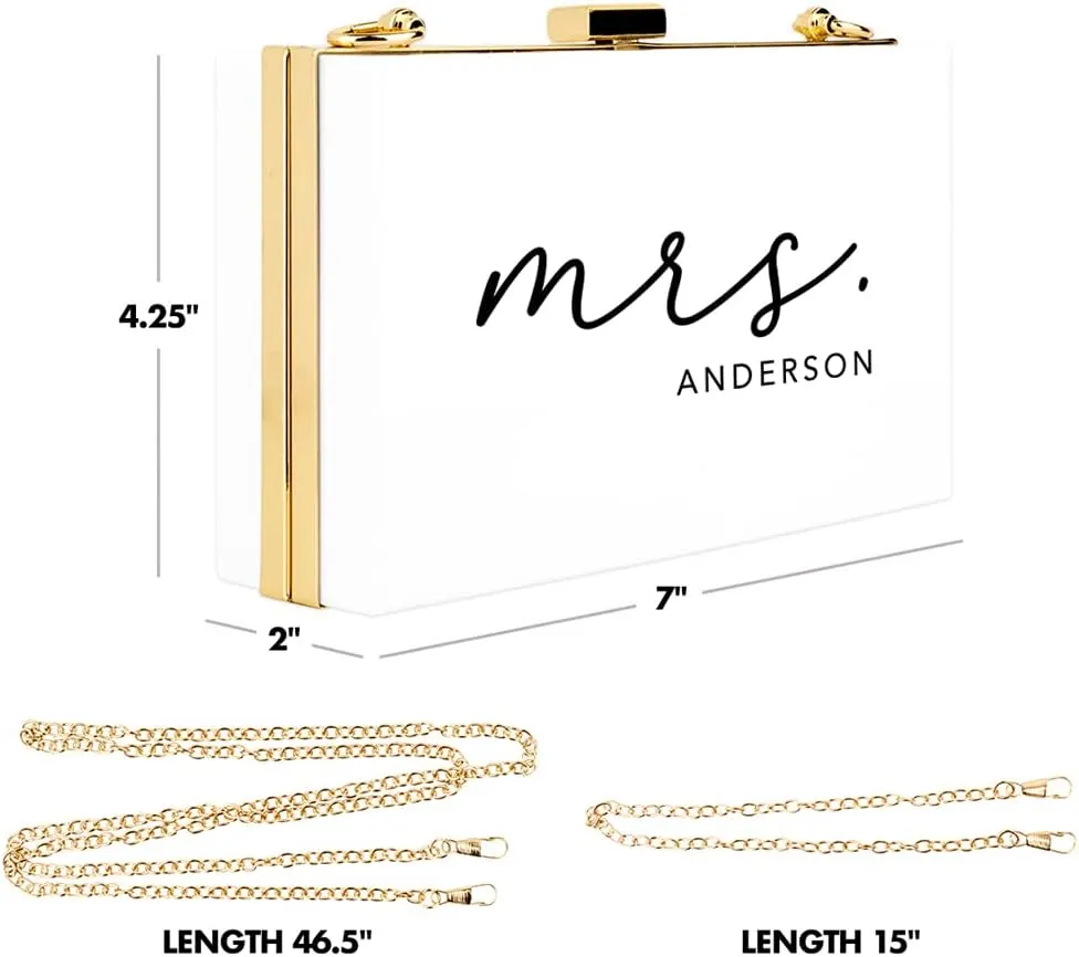 Andaz Press Personalized Acrylic Clutch Purse For Bride, Custom Cursive Mrs. White Clutch Box Shoulder Handbag With Gold Removable Metal Chain For Wedding Day Bachelorette, Bridal Shower Bridal Clutch
