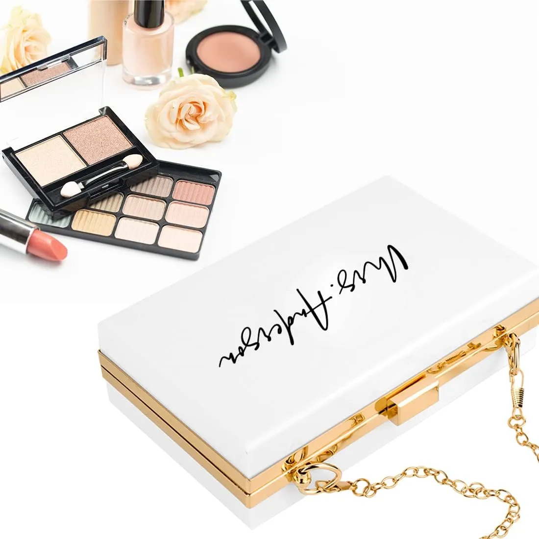 Andaz Press Personalized Acrylic Clutch Purse for Bride, Modern Custom Mrs. White Clutch Box Shoulder Handbag with Gold Removable Metal Chain for Wedding Day Bachelorette, Bridal Shower Bride Purse