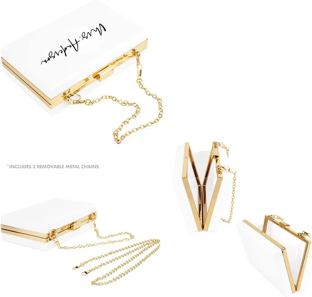 Andaz Press Personalized Acrylic Clutch Purse for Bride, Modern Custom Mrs. White Clutch Box Shoulder Handbag with Gold Removable Metal Chain for Wedding Day Bachelorette, Bridal Shower Bride Purse