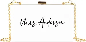 Andaz Press Personalized Acrylic Clutch Purse for Bride, Modern Custom Mrs. White Clutch Box Shoulder Handbag with Gold Removable Metal Chain for Wedding Day Bachelorette, Bridal Shower Bride Purse