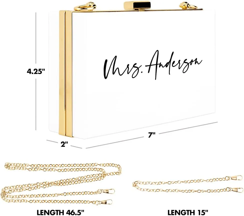 Andaz Press Personalized Acrylic Clutch Purse for Bride, Modern Custom Mrs. White Clutch Box Shoulder Handbag with Gold Removable Metal Chain for Wedding Day Bachelorette, Bridal Shower Bride Purse