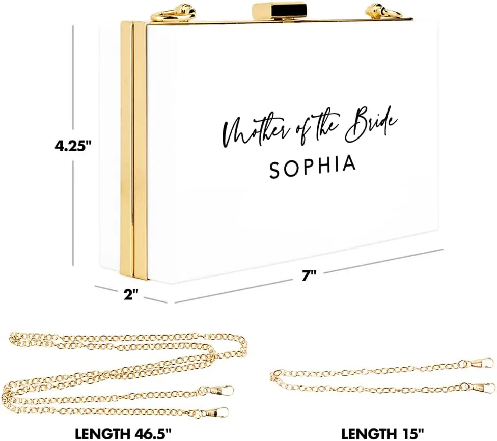 Andaz Press Personalized Acrylic Clutch Purse for Mother of The Bride Custom Name White Clutch Box Shoulder Handbag with Gold Removable Metal Chain for Wedding, Gift for Mom, Bridal Party, 1-Pack