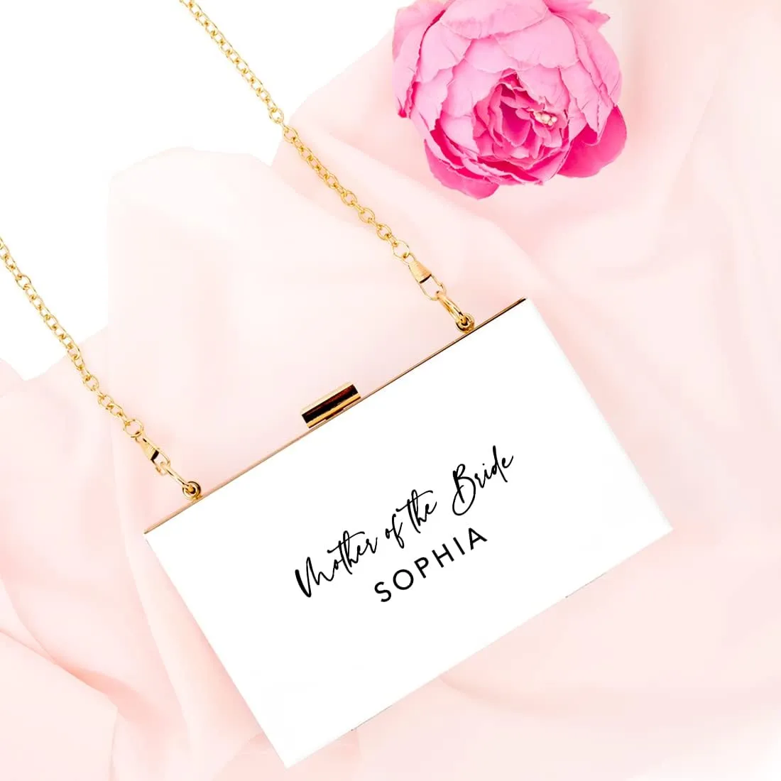 Andaz Press Personalized Acrylic Clutch Purse for Mother of The Bride Custom Name White Clutch Box Shoulder Handbag with Gold Removable Metal Chain for Wedding, Gift for Mom, Bridal Party, 1-Pack