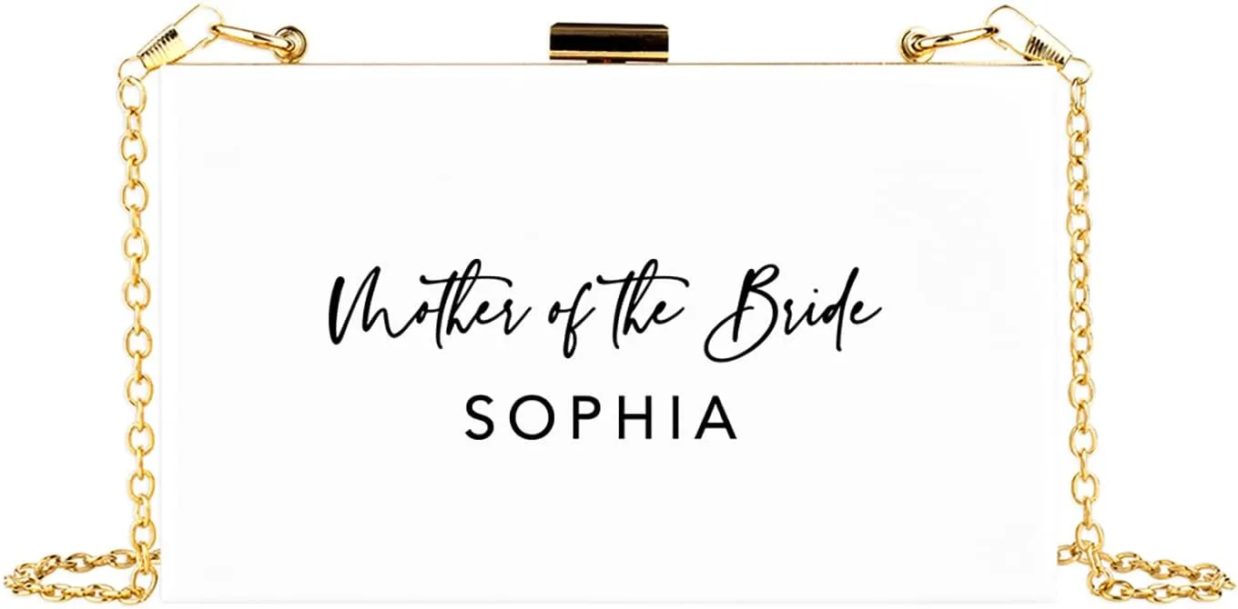 Andaz Press Personalized Acrylic Clutch Purse for Mother of The Bride Custom Name White Clutch Box Shoulder Handbag with Gold Removable Metal Chain for Wedding, Gift for Mom, Bridal Party, 1-Pack