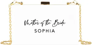 Andaz Press Personalized Acrylic Clutch Purse for Mother of The Bride Custom Name White Clutch Box Shoulder Handbag with Gold Removable Metal Chain for Wedding, Gift for Mom, Bridal Party, 1-Pack