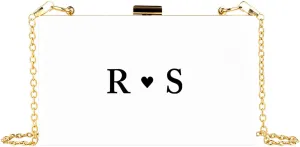 Andaz Press Personalized Acrylic Clutch Purse for Women, Bridesmaids, Bridal Party, Monogram Heart White Clutch Box Shoulder Handbag with Gold Removable Metal Chain for Wedding, Bachelorette, 1-Pack