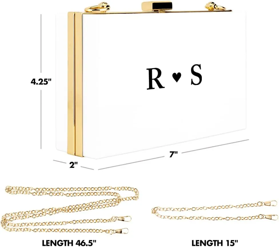 Andaz Press Personalized Acrylic Clutch Purse for Women, Bridesmaids, Bridal Party, Monogram Heart White Clutch Box Shoulder Handbag with Gold Removable Metal Chain for Wedding, Bachelorette, 1-Pack