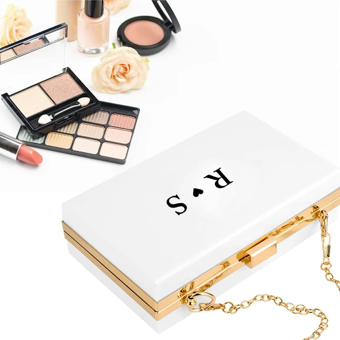 Andaz Press Personalized Acrylic Clutch Purse for Women, Bridesmaids, Bridal Party, Monogram Heart White Clutch Box Shoulder Handbag with Gold Removable Metal Chain for Wedding, Bachelorette, 1-Pack
