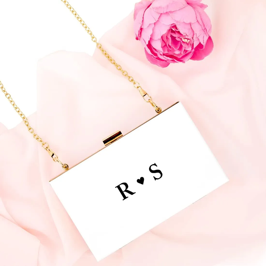 Andaz Press Personalized Acrylic Clutch Purse for Women, Bridesmaids, Bridal Party, Monogram Heart White Clutch Box Shoulder Handbag with Gold Removable Metal Chain for Wedding, Bachelorette, 1-Pack