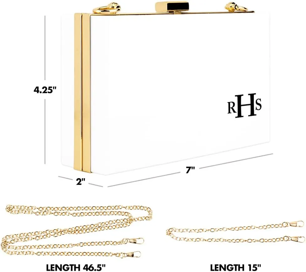 Andaz Press Personalized Acrylic Clutch Purse for Women, Bridesmaids, Bridal Party, Monogram White Clutch Box Shoulder Handbag with Gold Removable Metal Chain for Wedding, Bachelorette, 1-Pack