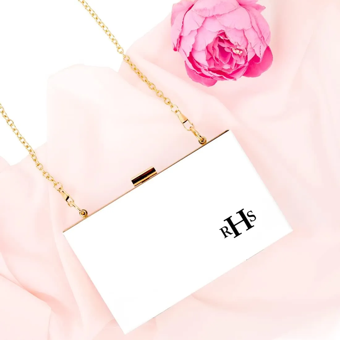Andaz Press Personalized Acrylic Clutch Purse for Women, Bridesmaids, Bridal Party, Monogram White Clutch Box Shoulder Handbag with Gold Removable Metal Chain for Wedding, Bachelorette, 1-Pack
