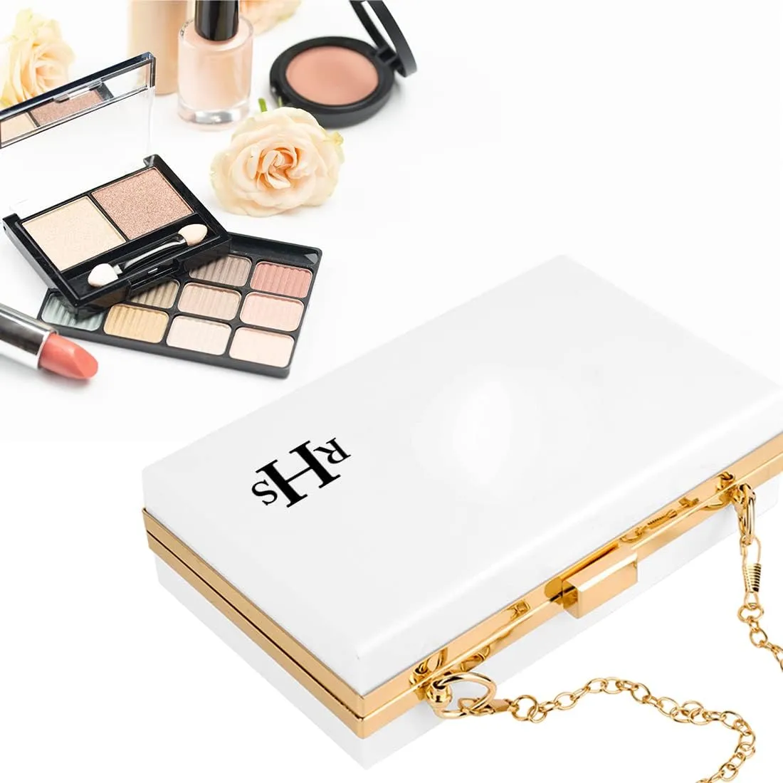 Andaz Press Personalized Acrylic Clutch Purse for Women, Bridesmaids, Bridal Party, Monogram White Clutch Box Shoulder Handbag with Gold Removable Metal Chain for Wedding, Bachelorette, 1-Pack