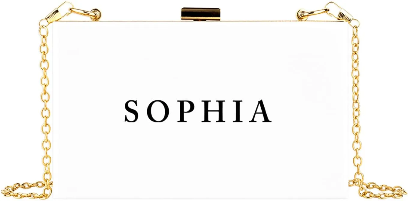 Andaz Press Personalized Acrylic Clutch Purse for Women Bridesmaids Classic Custom Name White Clutch Box Shoulder Handbag with Gold Removable Metal Chain for Wedding Bachelorette Bridal Shower, 1-Pack