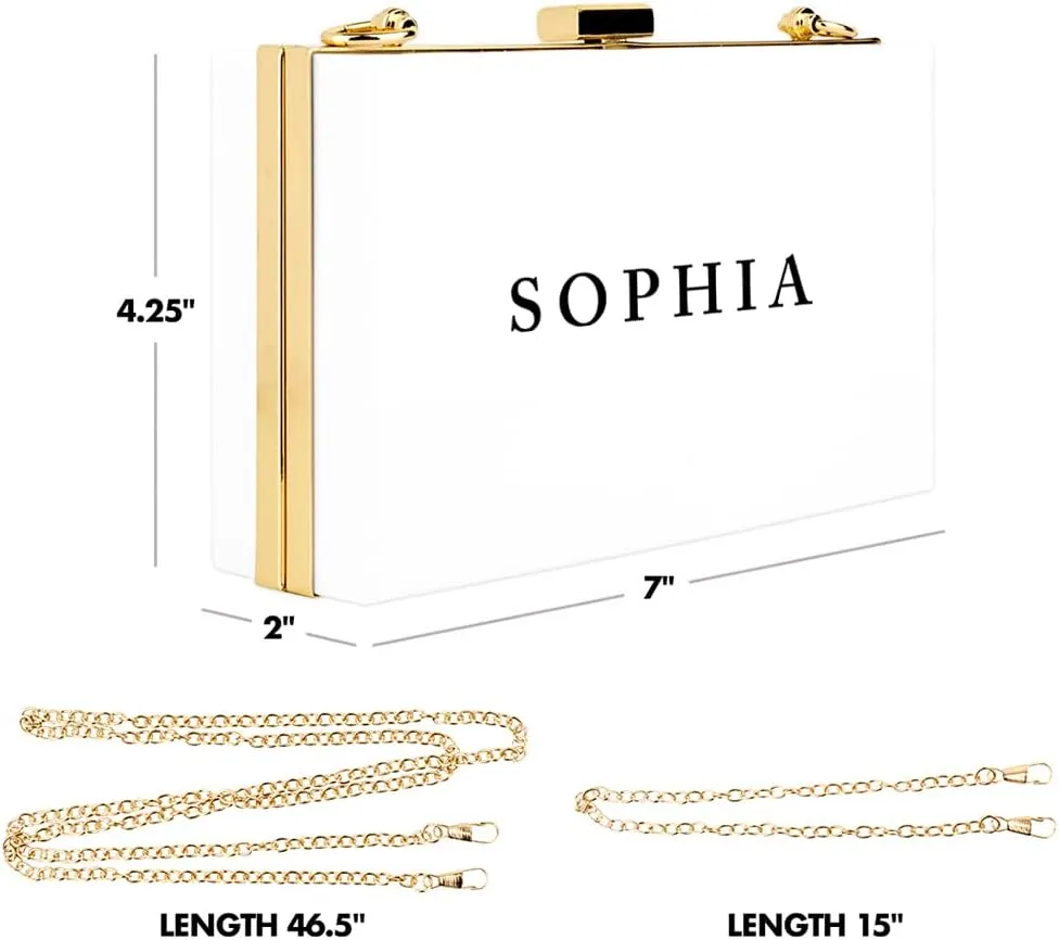 Andaz Press Personalized Acrylic Clutch Purse for Women Bridesmaids Classic Custom Name White Clutch Box Shoulder Handbag with Gold Removable Metal Chain for Wedding Bachelorette Bridal Shower, 1-Pack