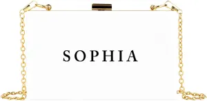 Andaz Press Personalized Acrylic Clutch Purse for Women Bridesmaids Classic Custom Name White Clutch Box Shoulder Handbag with Gold Removable Metal Chain for Wedding Bachelorette Bridal Shower, 1-Pack