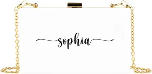 Andaz Press Personalized Acrylic Clutch Purse for Women Bridesmaids Cursive Custom Name White Clutch Box Shoulder Handbag with Gold Removable Metal Chain for Wedding Bachelorette Bridal Shower, 1-Pack