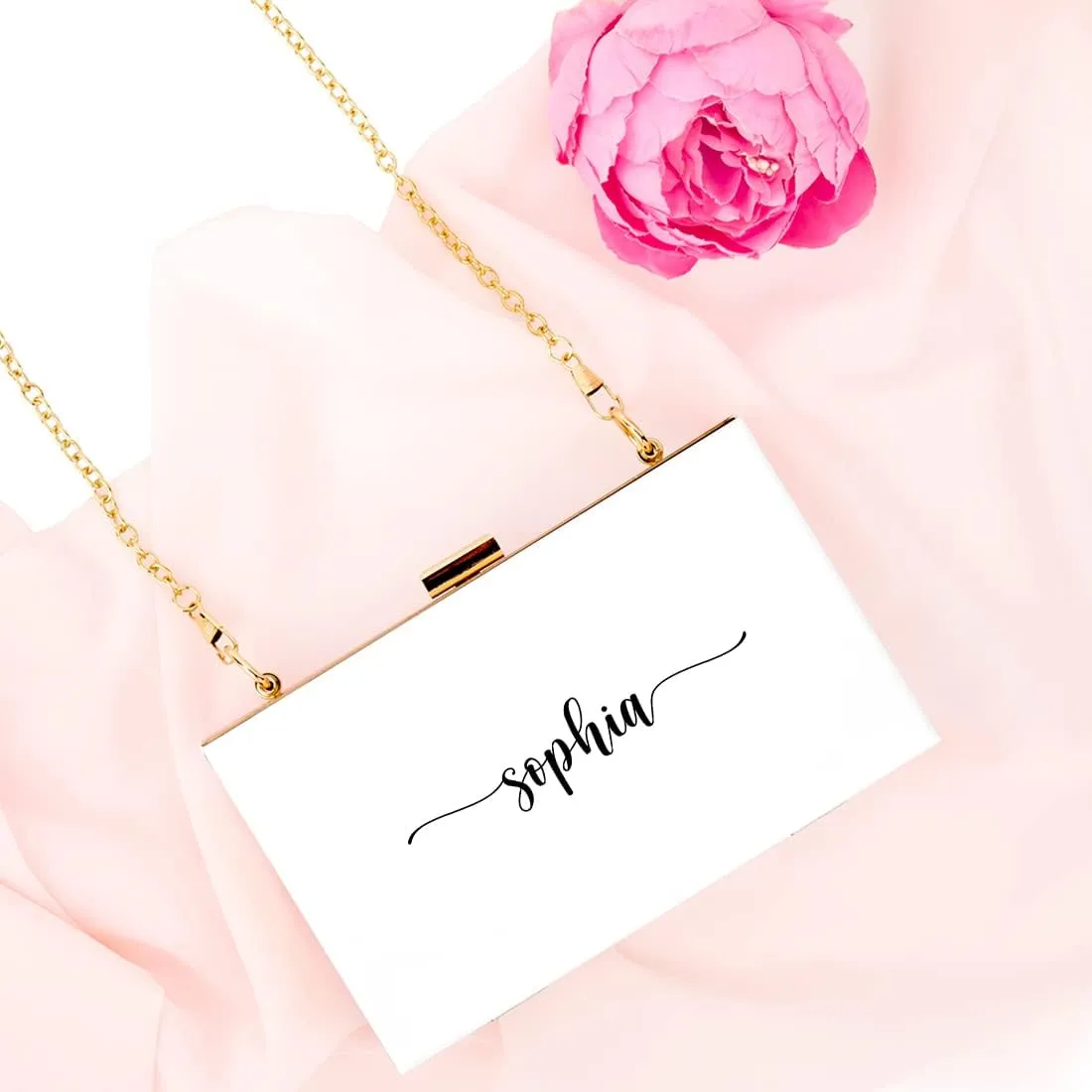 Andaz Press Personalized Acrylic Clutch Purse for Women Bridesmaids Cursive Custom Name White Clutch Box Shoulder Handbag with Gold Removable Metal Chain for Wedding Bachelorette Bridal Shower, 1-Pack
