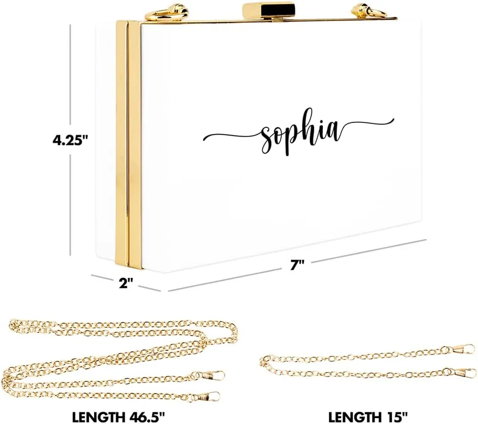 Andaz Press Personalized Acrylic Clutch Purse for Women Bridesmaids Cursive Custom Name White Clutch Box Shoulder Handbag with Gold Removable Metal Chain for Wedding Bachelorette Bridal Shower, 1-Pack